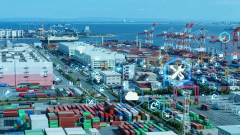 Industrial technology concept. Logistics. Shipping industry. Container yard. Stock Footage 148184233