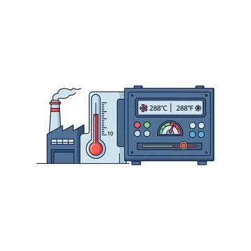 Industrial temperature control system with factory, thermometer, and panel Stock Illustration
