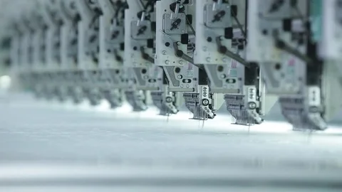 Industrial textile machines in a row Stock Footage