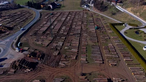 Industrial timber yard flyover Stock Footage 330045167