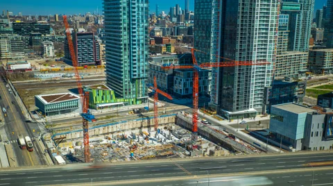 Industrial Time Lapse Toronto Canada Cranes Building Sky Scraper Gardiner Expres Stock Footage