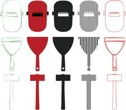 Industrial Tool Icon Set - Flat Design Welding Masks, Scrapers, and Hammers Stock Illustration