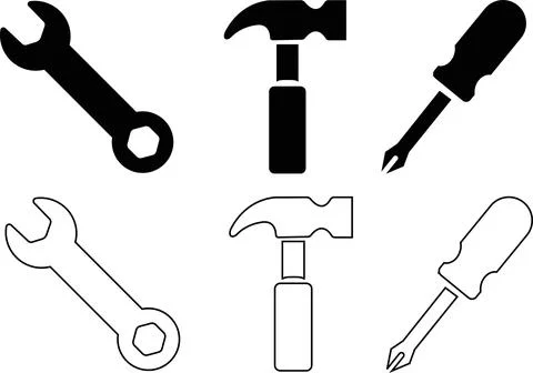 Industrial tool icons set featuring hammer wrench screwdriver equipment. Illustration