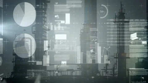 Industrial towers showcasing digital data overlays with circular pie chart, bar Stock Footage 309068470