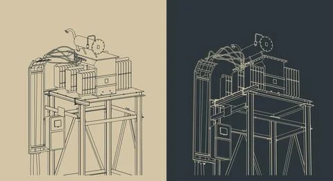 Industrial transformer substation isometric technical illustrations 스톡 일러스트