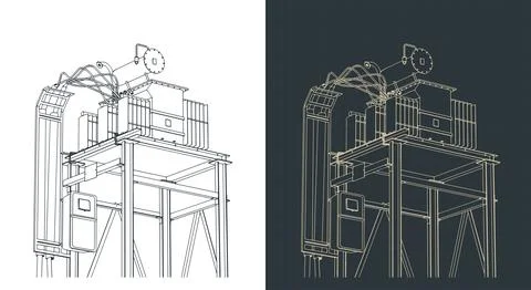 Industrial transformer substation isometric technical drawing 스톡 일러스트