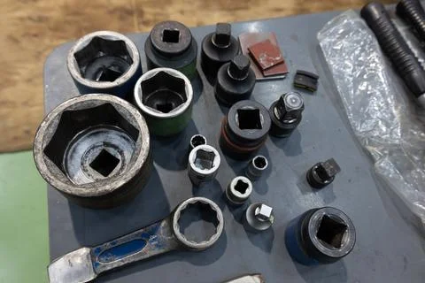 Industrial used socket set on a work table Stock Photos