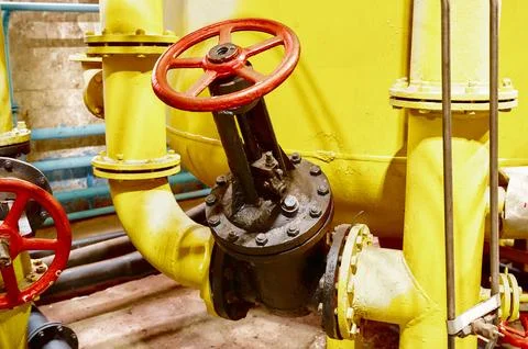 Industrial valve system in a processing facility showcasing engineering details Stock Photos