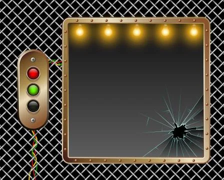 Industrial vector background. Metal frame. Brass buttons with illumination Stockillustratie