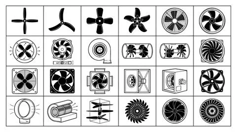 Industrial ventilation fan mechanical component icon collection graphic set Stock Illustration