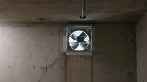 Industrial Ventilation Fan Mounted in Underground Concrete Wall Stock Footage 345449636