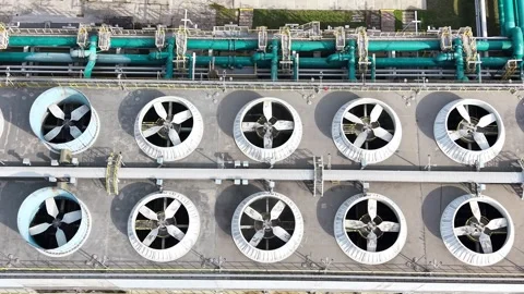 Industrial ventilation system with large fans and ducts operating in a plant Stock Footage 339583062