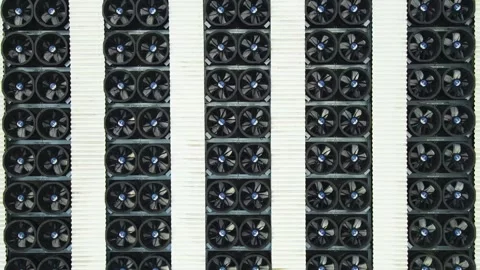 Industrial ventilation wall with rows of spinning cooling fans for server f.. Stock Footage 337518227