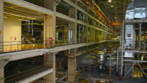Industrial view. Panoramic view from the main hall. Pipe located at a power Video stock 93896289