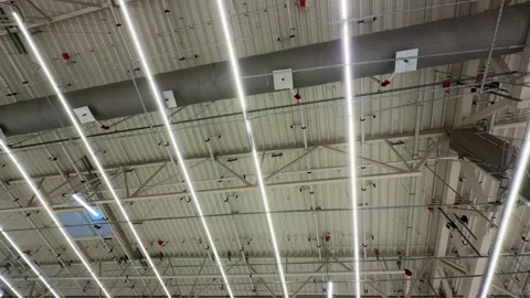 Industrial Warehouse Ceiling With Skylight Panels Showcasing Grid Of LED Stock Footage 325222250