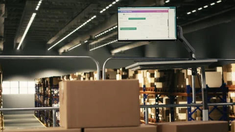 Industrial warehouse with empty platform and computer showing shipment tracking Stock Footage 330376282