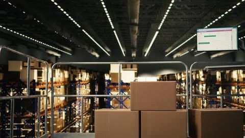 Industrial warehouse with empty platform and computer showing shipment tracking Fotos Stock