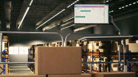 Industrial warehouse with empty platform and computer showing shipment tracking Stockfoto's