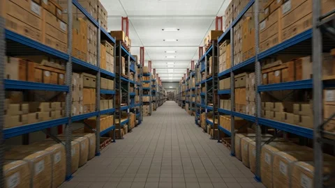 Industrial Warehouse Filled With Storage Boxes Labeled For Shipment Video stock 296866503