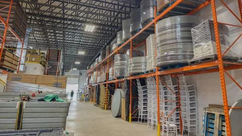 Industrial warehouse interior with high racking systems Stock Photos