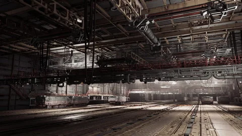 Industrial warehouse with overhead cranes and illuminated workspace at night Stock Footage 331423908