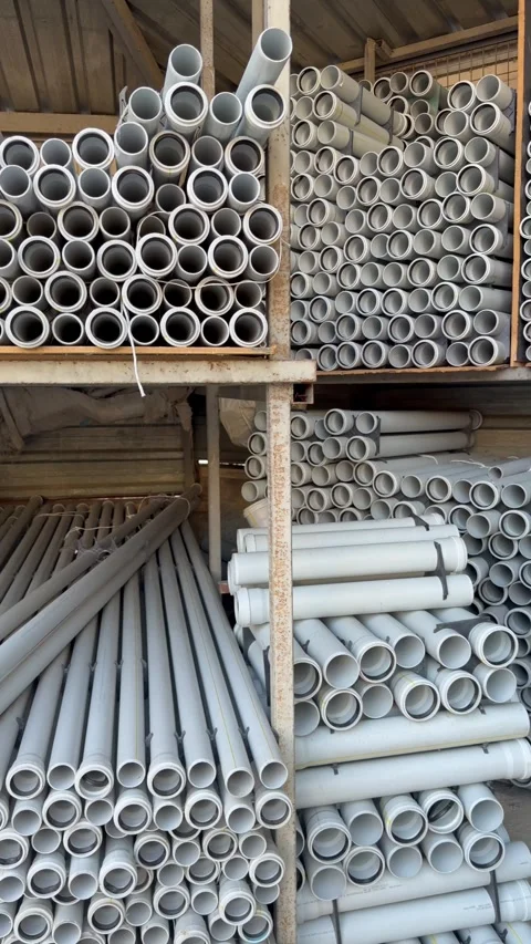Industrial warehouse racks packed with PVC pipes, showing repetitive circular Stock Footage 339843619