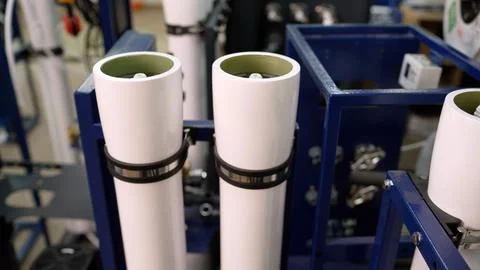Industrial water filter system undergoing testing in factory Stock Photos