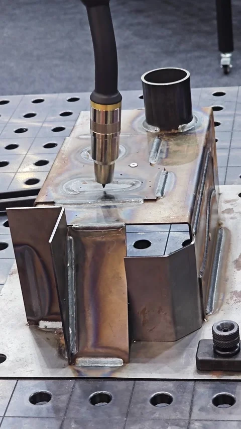 Industrial Welded Metal Prototype and Joints Sample on Modular Welding Table Stock Footage 337615553