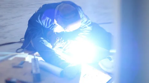 Industrial Welder Performing Arc Welding on Metal Structure. Stock Footage 345012562