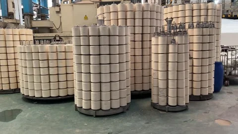 Industrial White Yarn Cones Rotating in Modern Textile Factory 스톡 동영상 335372091