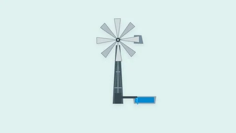 Industrial Wind Pump Mechanical System with Rotating Blades and Water Flowi.. Stock Footage 346612417