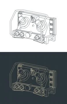 Industrial wireless remote control unit with joysticks isometric blueprints Stock Illustration