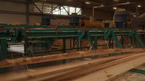 Industrial woodworking machine processing long wooden boards inside a large 스톡 동영상 346315484