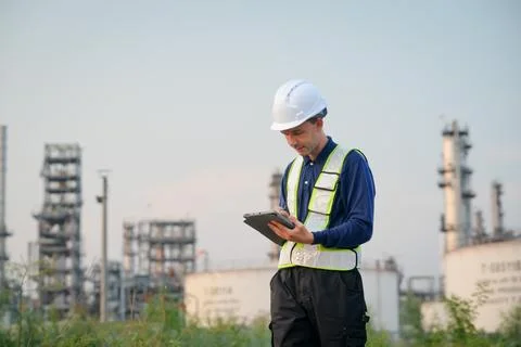 Industrial worker analyzing data at oil refinery outdoor environment digita.. Stock Photos