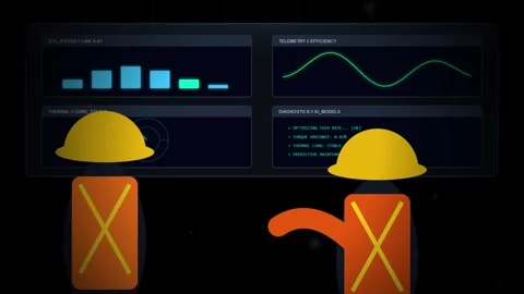 Industrial Worker in Control Room with Data Screens during Night Shift Stock Footage 347091484