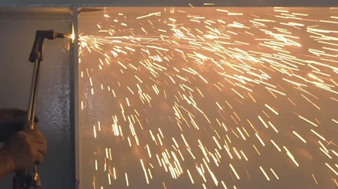 Industrial worker cutting steel by using metal torch, Slow motion. Stock Footage 48230363
