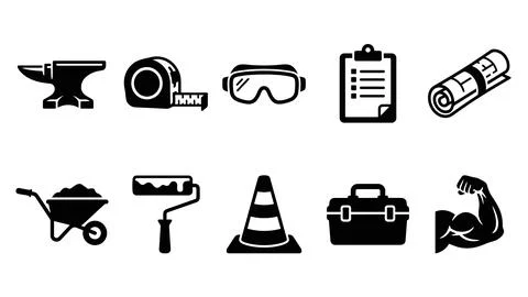 Industrial worker tools and construction equipment icon set. Stock Illustration