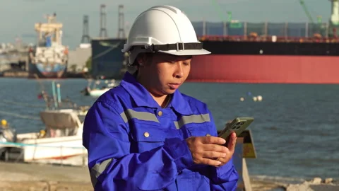Industrial worker in uniform and hard hat using mobile device at port site Stock-Footage 342919126