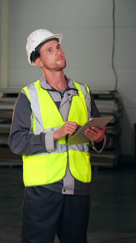Industrial Worker Using Digital Tablet at Manufacturing Facility. Video stock 347264291