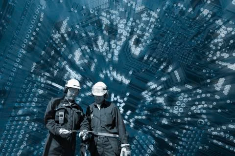 Industrial workers with circuit boards Illustrazione stock