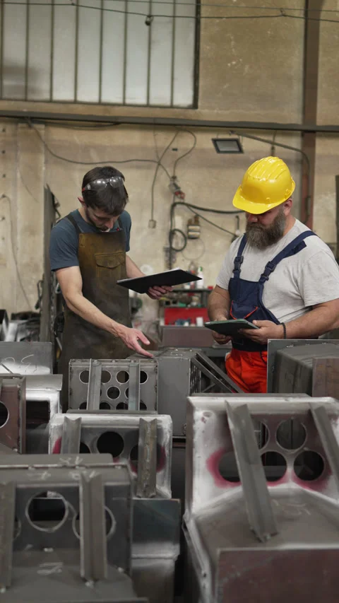 Industrial workers discussing project plans in a metal factory Stock-Footage 334723058
