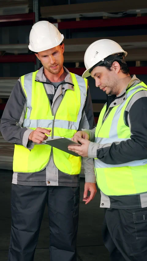 Industrial Workers Discussing Work Using Tablet in Warehouse. Stock Footage 347263754