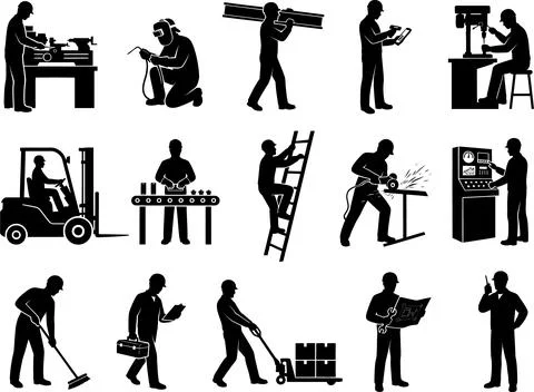 Industrial workers performing various tasks in a factory setting, illustratio Stock Illustration