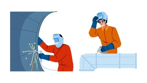 Industrial workers performing welding and pipe fitting tasks Stock Illustration