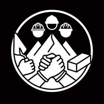 Industrial workers union logo design with hard hats, construction tools, br.. Stock Illustration