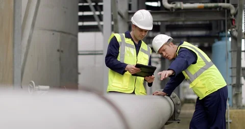 Industrial workers using a digital tablet on site Stock Footage