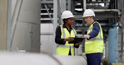 Industrial workers using a digital tablet on site Video stock 88773968