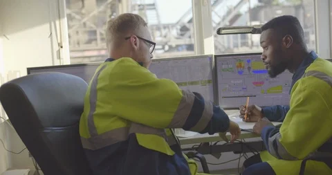 Industrial workers working in a control room Stock Footage 114358964