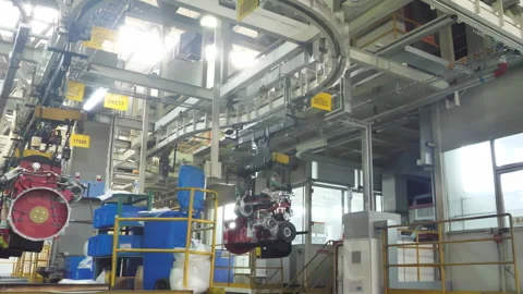Industrial workshop modern diesel Engine production powerful heavy duty truck Stock Footage 310309362