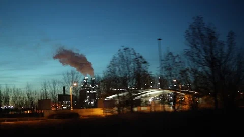 Industrial zone with a large pipe thick white smoke is poured from the factor Stock Footage 102718216